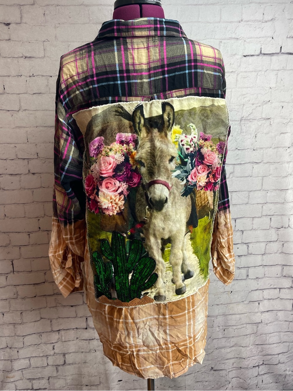 Woodstock size large long sleeve bouton town shirt plaid bleach dip with graphic